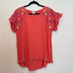 Umgee Pink Embroidered Short Sleeve Tunic Blouse Top